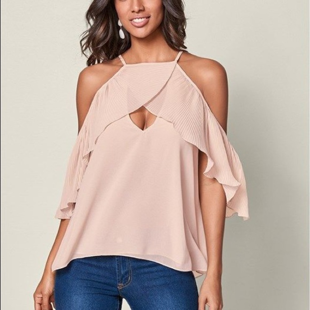 Venus Blush Pink Pleated Cold Shoulder Top Size Sm
